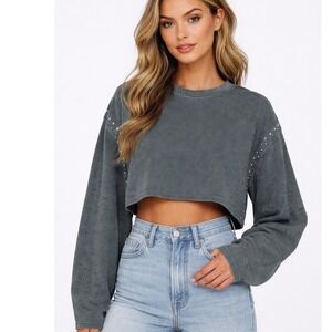 Distressed Studded Cropped Sweatshirt Grunge Gray Drop Shoulder Women's Small